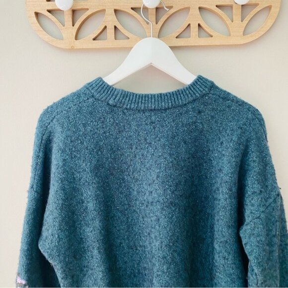 Madewell Embroidered Cross-Stitch Floral Pullover Sweater Green Sz Medium - Picture 8 of 10